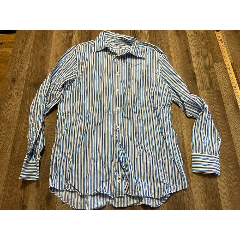 Van Laack Royal Shirt, Mens Size XL, Blue White, Striped, Button Up, Long Sleeve